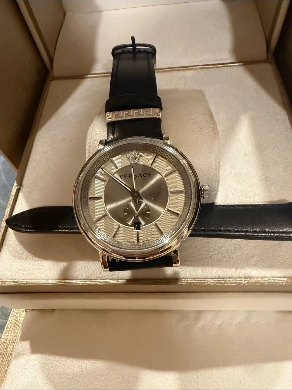 Versace Silver Dial Black Leather Strap Men's Watch